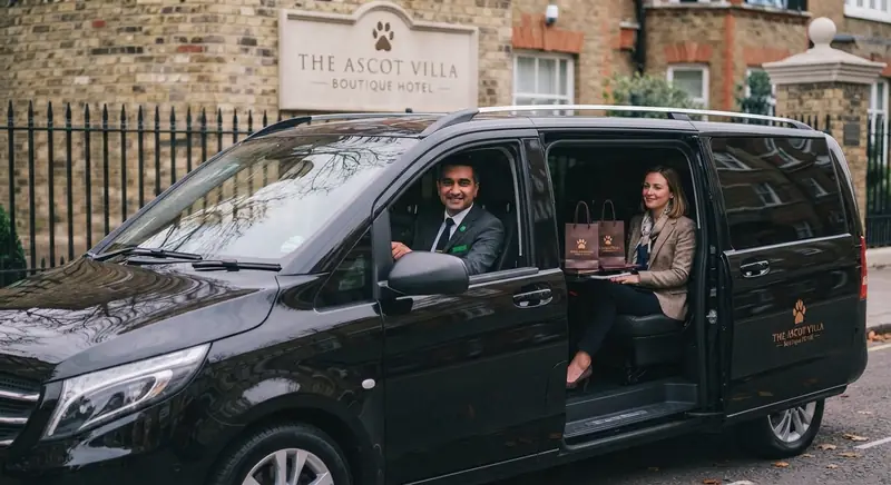 Smiling driver at the wheel of a black MPV with a passenger seated in the back