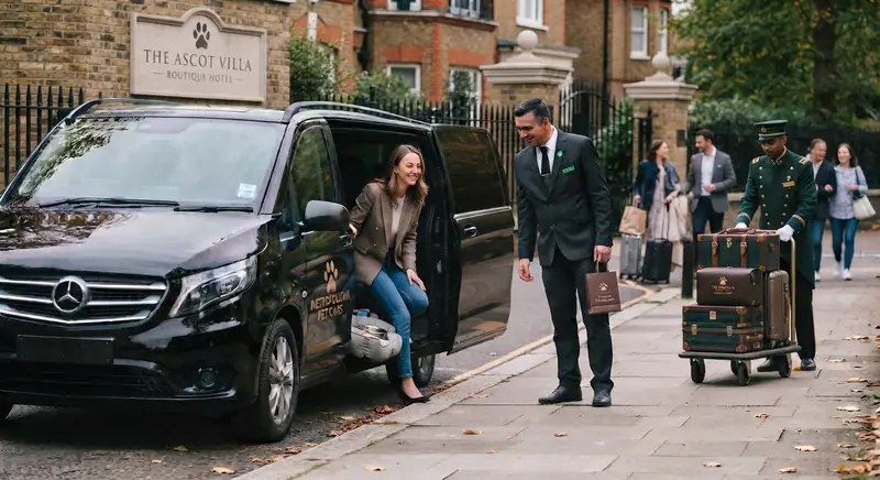 Driver greeting a passenger at the car while a porter wheels luggage along the pavement