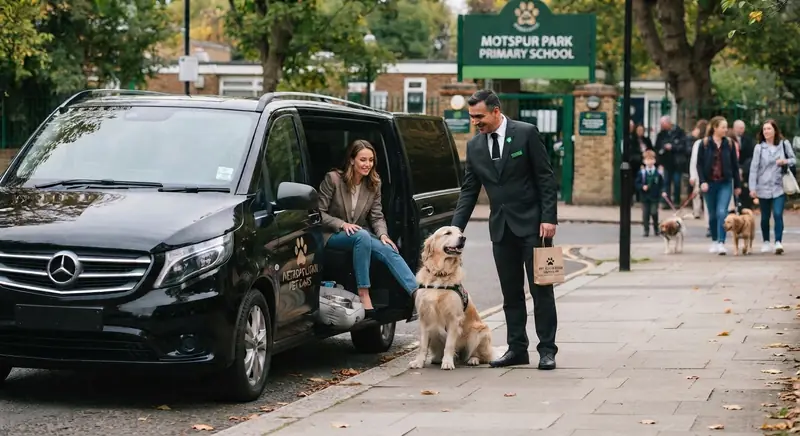 Woman seated in the open side door of a black MPV while a golden retriever sits on the pavement beside the driver