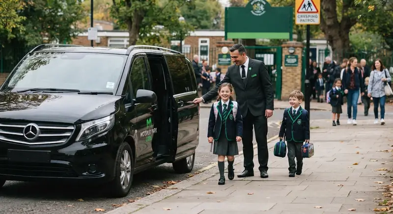 Driver in a suit smiling as two uniformed children walk beside a black people carrier at a school gate